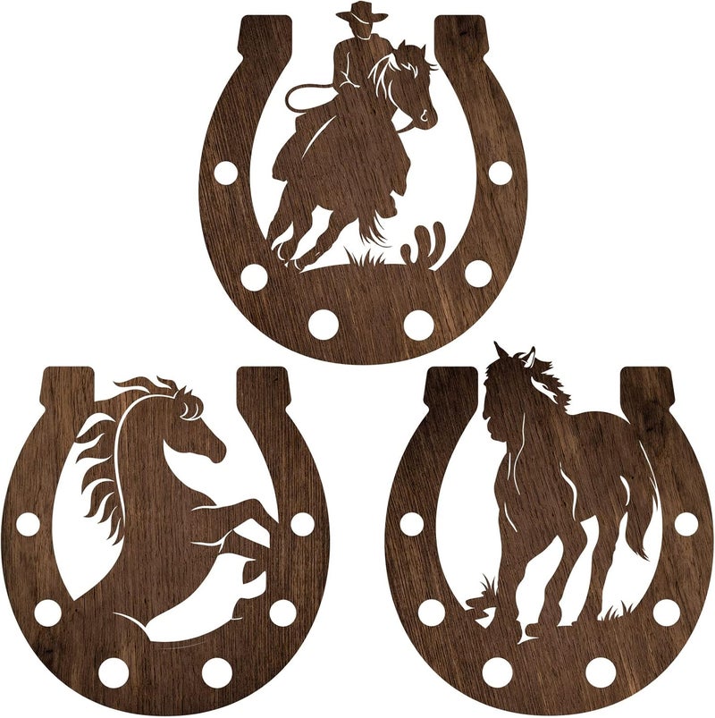 Junkin 3 Pcs Western Wall Decor Horseshoe Wood Wall Art Decor Cowboy Party Decorations Rustic Horse Shoes Decoration Hanging Western Country Cowboy Decorations for Home Bedroom Bathroom - Image 1